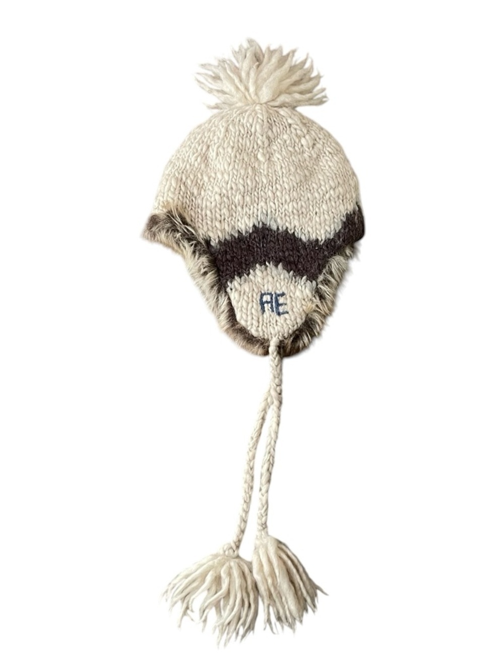 American Eagle Outfitters Cream Brown Knit Pom Pom Trapper Hat One Size